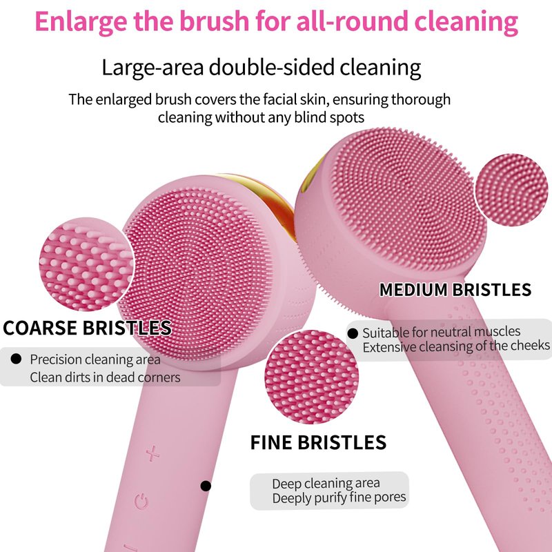Facial Cleansing Brush Electric – Rechargeable Silicone Face Scrubber, Waterproof Vibrating Cleaner with 5 Adjustable Intensities for Deep Cleansing and Exfoliation (Pink)