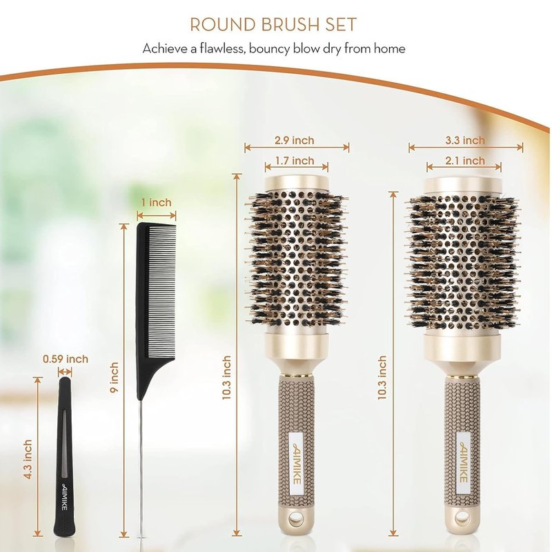 AIMIKE Hair Brush Set - Nano Thermal Ceramic Round Brush with Boar Bristles for Blow Drying | Includes Tail Comb & Hair Clips