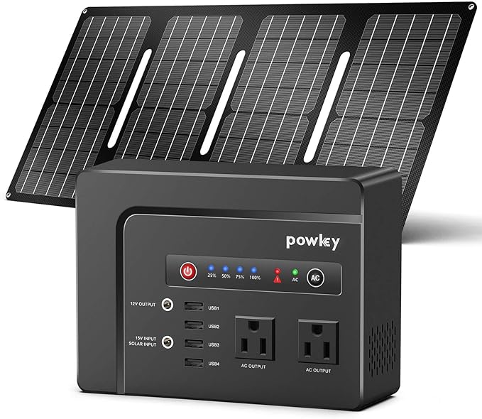 powkey Solar Powered Generator, 200W Portable Power Station with Solar Panels 40W, 146Wh Power Bank with 2 AC Outlet 110V Pure Sine Wave for Outdoor Camping Emergency Home