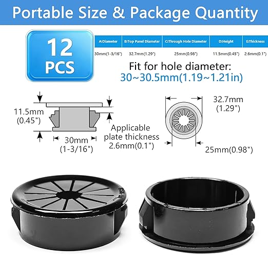 BOPOREAE 12 Pcs Cable Grommet, Snap Bushing 1-3/16" (30 mm) Mounting Diameter, Flexible Petal-Shaped Buckle Round Nylon Desk Grommet for Wires Through Countertop Cord Organizer and Protection, Black