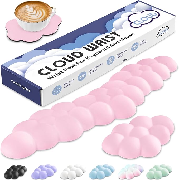 Sushret Cloud Wrist Rest for Keyboard and Mouse, Memory Foam PU Leather Keyboard Wrist Rest with Ergonomic Support, Non-Slip Base, Cute Arm Rest Pad & Palm Cushion, Office Desk Accessory, Pink
