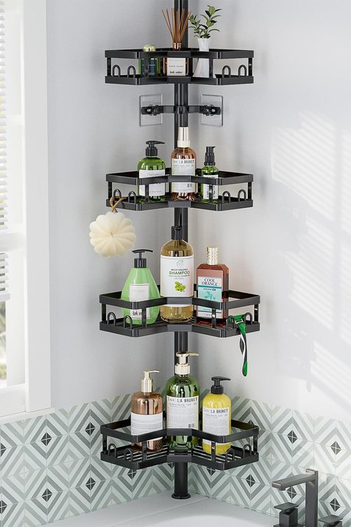 HEVEL Corner Shower Caddy - Adjustable Tension Pole Organizer 62-115 Inch | Rustproof Black Bathroom Storage