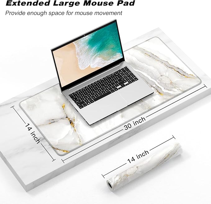 Atufsuat Extended Gaming Mouse Pad, XXL Large Desk Pad 30 x 14 Inch, Big Computer Keyboard Mousepad, Waterproof Mouse Mat with Stitched Edges and Non-Slip Base for Women Office Gaming, White Marble