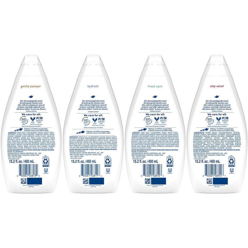Dove Body Wash Variety 6-Pack – Hydrate, Gentle Pamper, Fresh Care, and Silky Velvet, 15.2 Oz Ea