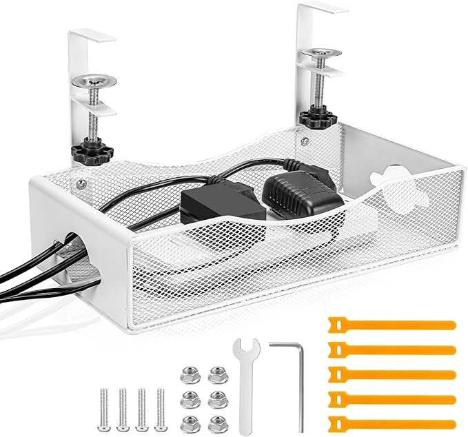 Extra Wide Under Desk Cable Management - 7inch No Drill Installation Cable Management Tray, Clamp/Screw Mount Desk Cable Management, Cable Management Tray for Office, Home((White, XL)