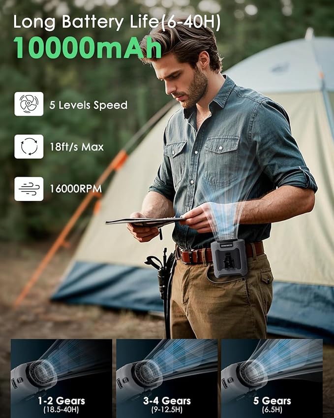 FANSEXPERT Portable Waist Fan Clip on, Personal Wearable Belt Fan 10000mAh Rechargeable Battery Under Shirt,5 Speeds with light, Neck Fan Hands-Free Cooling For Outdoor Camping Travel (Grey)