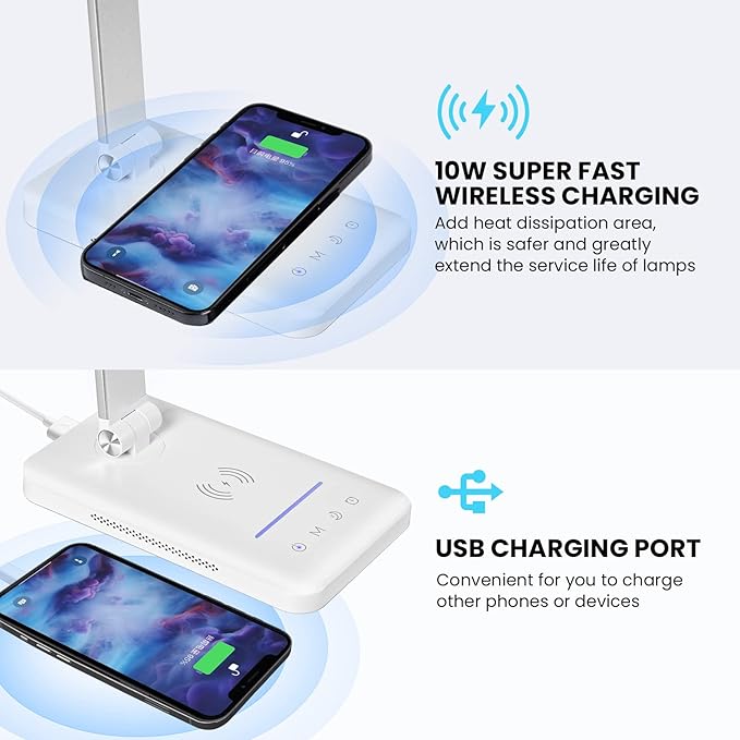 JOSTIC LED Desk Lamp with Night Light, Fast Wireless Charger, USB Charging Port, 10 Brightness, 5 Color Modes, Dimmable Bedside Table Lamp for Bedroom, Touch Control, Auto Timer, 1200Lux Super Bright
