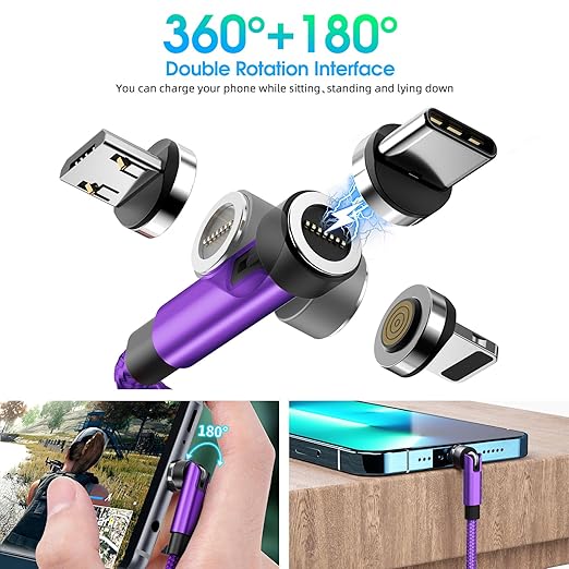 Ankndo 5-in-1 Magnetic Charging Cable, 540° Rotation Magnetic Phone Charger [4-Pack, 3ft/3ft/6ft/10ft] USB A/Type C Fast Charging Charger Cable for iproduct/Micro USB/USB C Devices-Purple