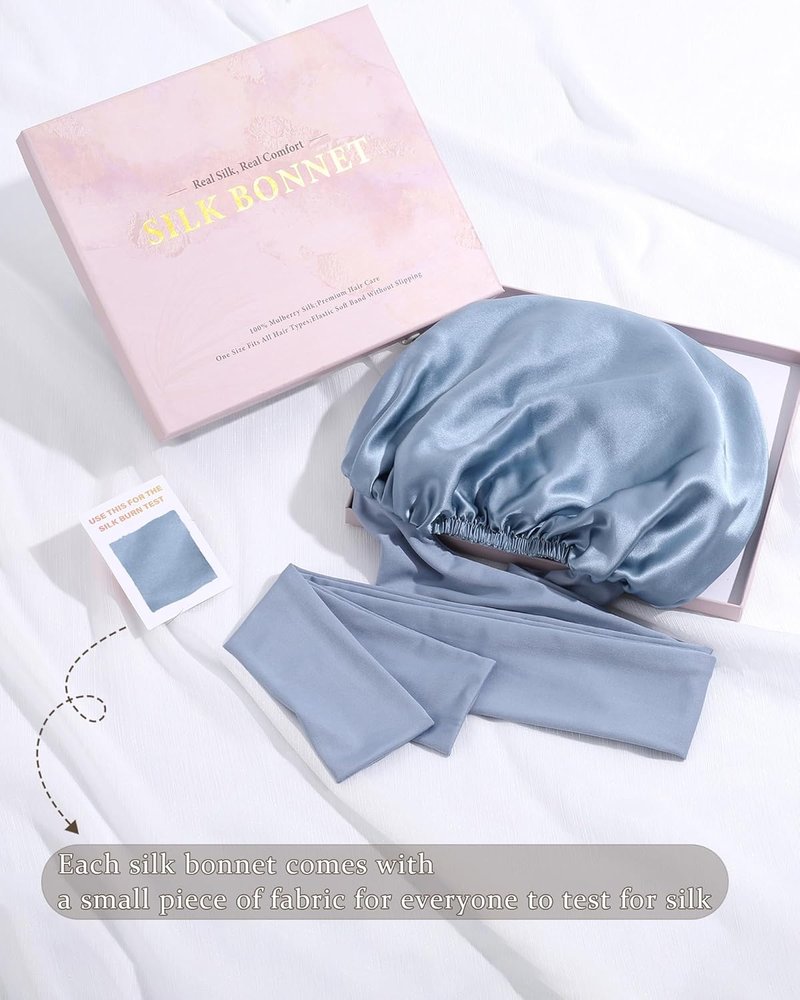 Mulberry Silk Bonnet for Sleeping | Double Layer Reversible Hair Wrap - Haze Blue & Sky Blue
