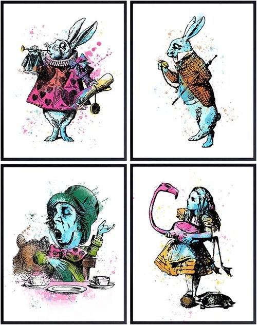 Alice Wonderland Watercolor Wall Art Print Set - Charming Decor for Kids' Rooms | 8x10 Unframed Photos