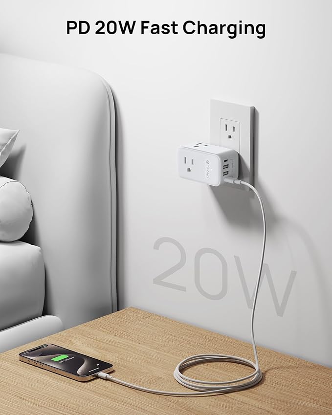 TROND Outlet Extender with 2 PD 20W USB C Charger, 3 AC Multi Plug Outlet Splitter with 360 Rotating Plug, USB Wall Socket Adapter, A Small Charging Station for Kitchen Bathroom Cruise Essentials