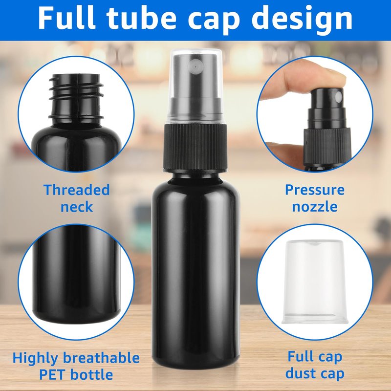 60 Pcs Small Spray Bottle Bulk, 30ML 1Oz Black Empty Spray Bottles Plastic Fine Mist Spray Bottles with Cap & Funnel, Small Refillable Sprayer Liquid Containers for Perfume, Cleaning, Essential Oil