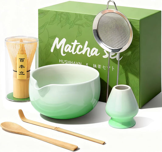Skiennix Matcha Whisk Set - Complete 6PCS Ceramic Kit with Bowl, Bamboo Whisk, Scoop & Sifter - Green