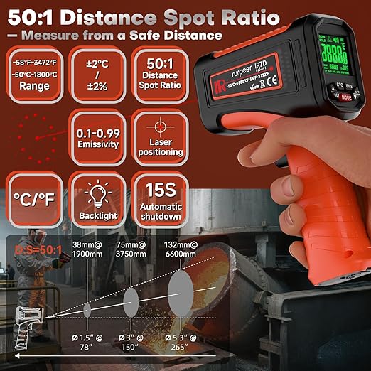 Surpeer -58℉~3272℉ Infrared Thermometer IR Gun, High-Temp Digital Temperature Gun, 50:1 Non-Contact Pyrometer for Kiln, Forge, Furnace, Engine, HVAC & Industrial Applications