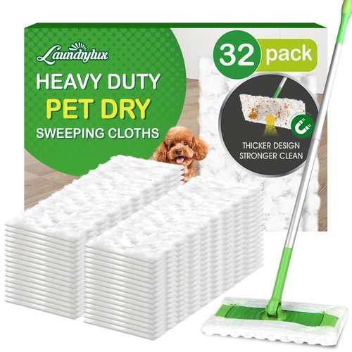 LAUNDRYLUX Heavy Duty Dry Sweeping Cloths Refills Compatible with Swiffer Sweeper, Multi Surface Pet Dry Pads Refill, Floor Cleaner for Dust, Hair, Dirt, Disposable Duster Mop Pad - 32 Count