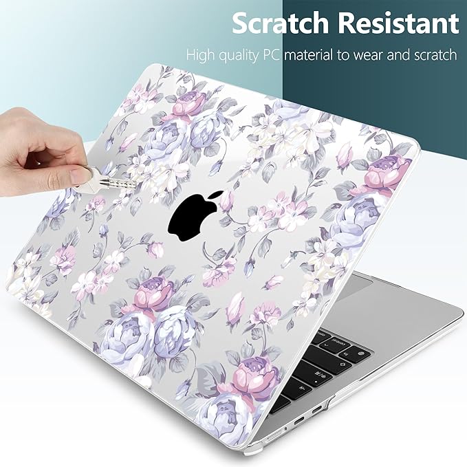TWOLSKOO for MacBook Air 13 inch Case M5 2026 M4 2025 M3 M2 2024-2022 A3449 A3240 A3113 A2681, Plastic Hard Shell & Keyboard Cover & Screen Film for MacBook Air 13.6 inch Case, Purple Peony