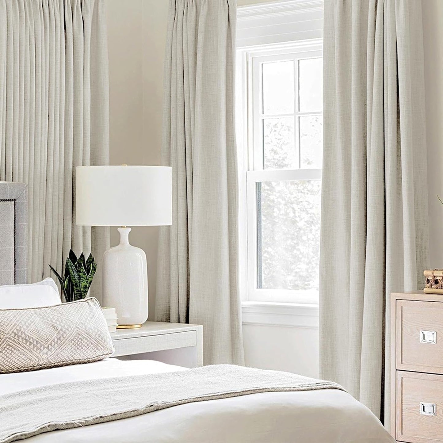 MIULEE Linen Texture Curtains - 100% Blackout Thermal Insulated Draperies | Light Cream, 52x96 Inch (2 Panels)
