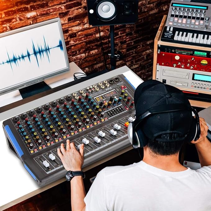 Pyle 6-Channel Console Style Audio Mixer with Bluetooth - DJ Sound Controller, 4 XLR / Combo Inputs, Sub Out, +48V Phantom, USB-A In, 16 DSP Effects, MP3 Player, 7-Band EQ - PMXU67BT