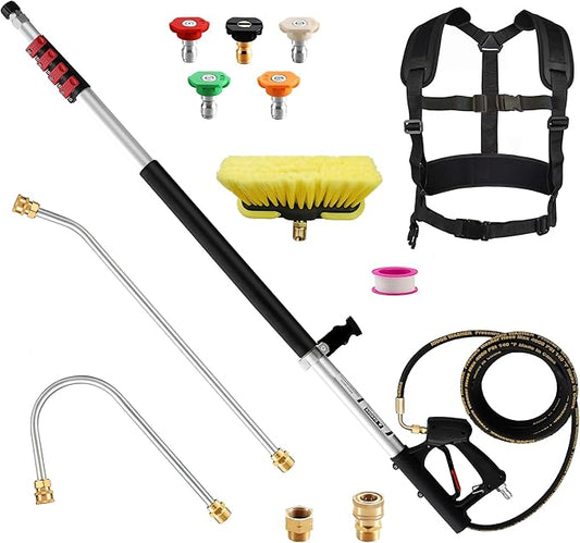 Telescoping Pressure Washer Wand 24 ft Pressure Washer Extension Wand 24 Feet Power Washer Extension Wand Aluminum with Brush Head,Gutter Cleaner, 5 Spray Nozzle Tips, 2 Hose Adapters, Support Belt