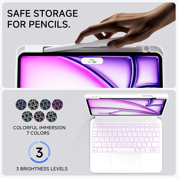 Tiaota for iPad Pro 11-inch (M4, 2024) Keyboard Case with Multi-Touch Trackpad, 360° Rotating Magnetic Stand, Detachable Protective Cover, Portrait & Raised Modes, 7-Color Backlight – White