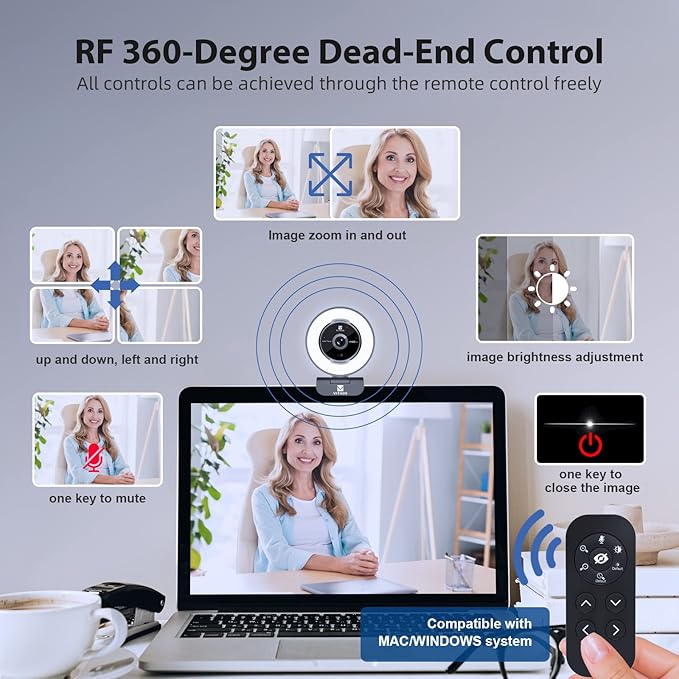 Vitade Zoomable Webcam with Remote Control, 1080P 60FPS Streaming with Ring Light and Microphone, Pro USB Webcam with 5X Digital Zoom and Privacy Cover for Zoom/Skype/Teams/PC/Laptop/Mac