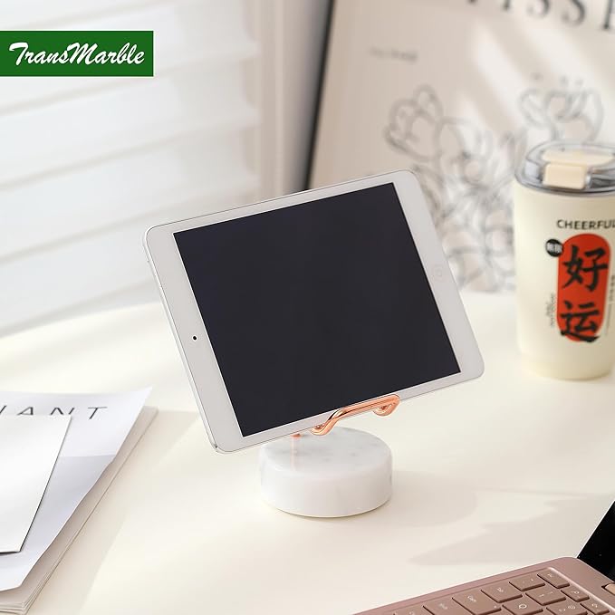 TransMarble Marble Phone Stand with Metal Holder, Charging Available While Using, Swipe Up to Unlock, Made of Natural Marble as Business Card Holder for Office Desk (Starry White + Rose Gold)