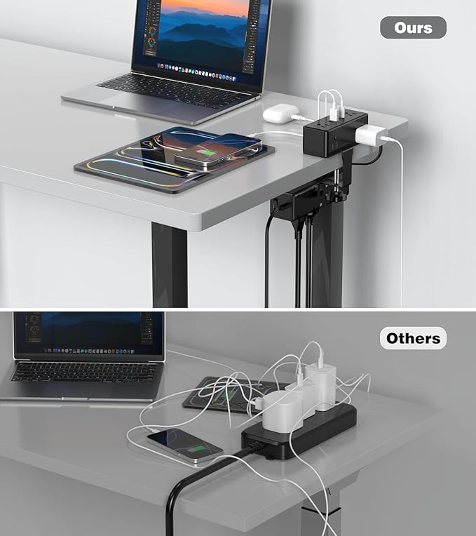 Dual Layer Desk Clamp Power Strip with 4 USB Ports(20W USB-C) & 15 AC Outlets, Desktop Edge Mount Surge Protector, Ultra Thin Flat Plug & 5FT Power Cord for Office Home(ETL Listed)