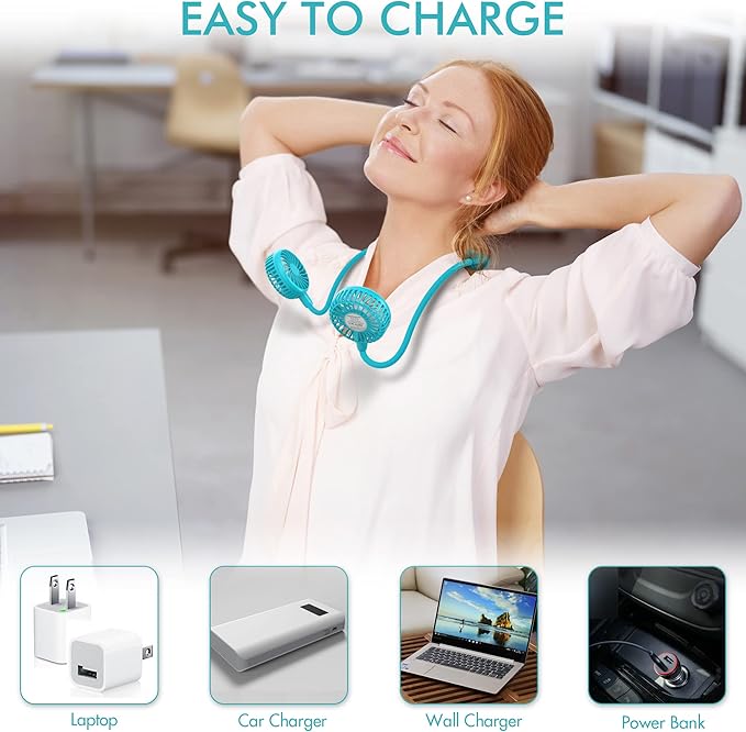 Portable Neck Fan, 2600mAh Battery Operated Sport Fan Ultra Quiet Hands Free USB Fan with 3 Speeds, Strong Wind, 360° Adjustable High Flexibility Wearable Personal Fan for Office Outdoor Travel (Cyan)