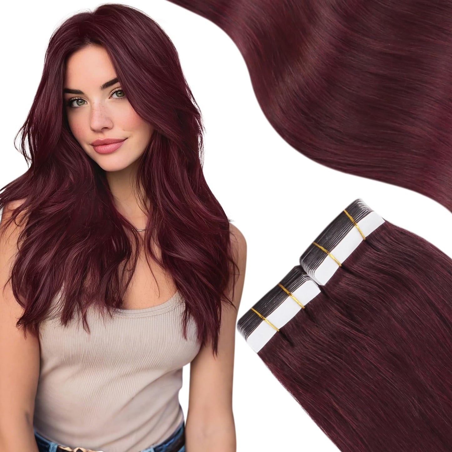 Moresoo Burgundy Tape in Hair Extensions Wine Red #99J Straight Human Hair 14 Inch 20pcs 40g Invisible Seamless Tape in Extensions for Fashion Hair Look Smooth Shiny Real Human Hair for Women