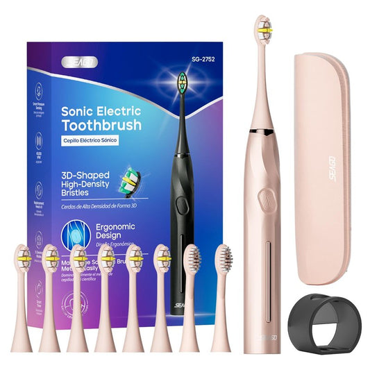 SEAGO Electric Toothbrush with 8 Soft Bristle Heads for Adults，Pressure Sensor, 5 Modes with 2 Minutes Build in Smart Timer,Rechargeable Travel Toothbrush with Brush Hold and Travel Case(2752Pink)