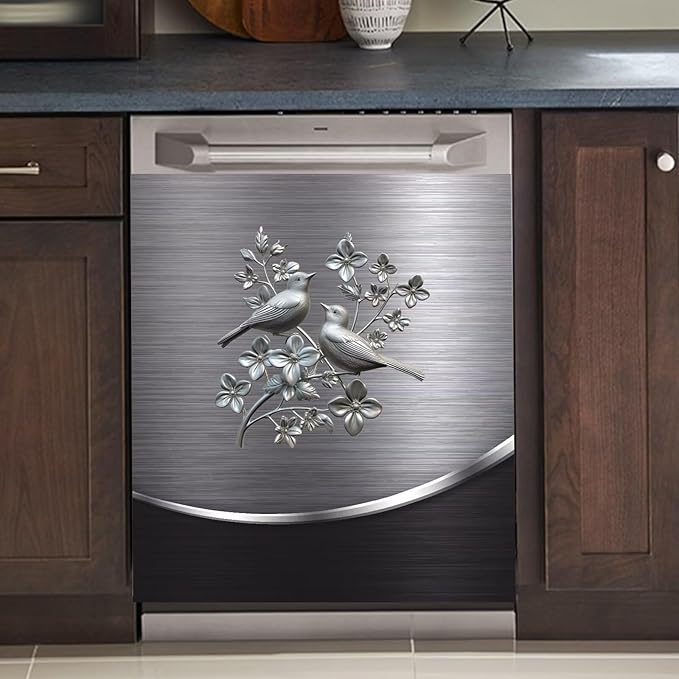 Grey Metal Silver Pattern Dishwasher Cover Sheet Magnetic Bird Flower Polishing Steelbird Dishwasher Skin Decor Silver Texture 23X26 INCH Magnet Rerigerator Wrap Kitchen Panel Full Decal