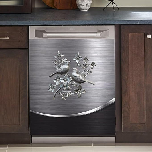 Grey Metal Silver Pattern Dishwasher Cover Sheet Magnetic Bird Flower Polishing Steelbird Dishwasher Skin Decor Silver Texture 23X17 INCH Magnet Rerigerator Wrap Kitchen Panel Full Decal
