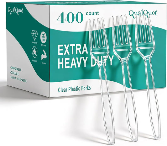 Skiennix Heavy Duty Clear Plastic Forks - 400 Count, BPA-Free & Heat Resistant for Parties