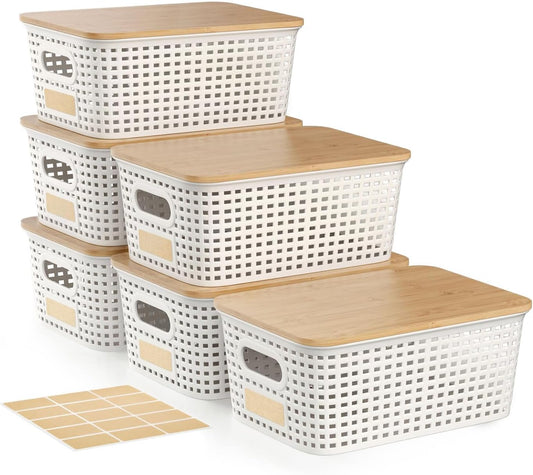 Skiennix Storage Bins - Stackable Plastic Baskets with Bamboo Lids | 6-Pack Pantry Organizer, 10x7.1x4.1in
