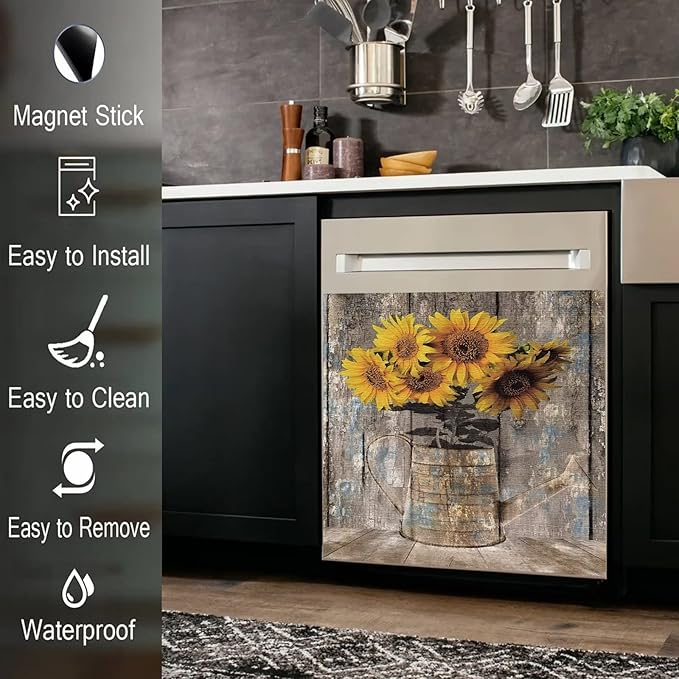 Rustic Wood Dishwasher Cover For Front,Vintage Sunflower Vase Dishwasher Magnet Cover Door Decor Farmhouse Sticker,Country Flower Dishwasher Panel Decal,Home Appliance Decal 23"x26"