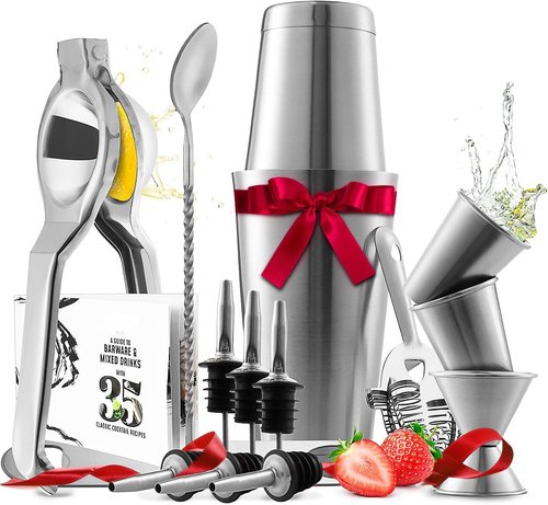 Bar Set Cocktail Shaker Kit - 16-Piece Stainless Steel Mixology Tools | Includes 30oz Martini Shaker, Muddler & Recipe Book