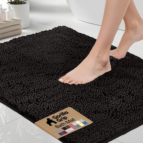 GORILLA GRIP Bath Rug Mat 60x24, Thick Soft Absorbent Chenille, Quick Dry Microfiber Mats, Rubber Backing Washable Shower Floor Rugs, Bathmat Runner, US Designed Bathroom Home Decor Accessories Black