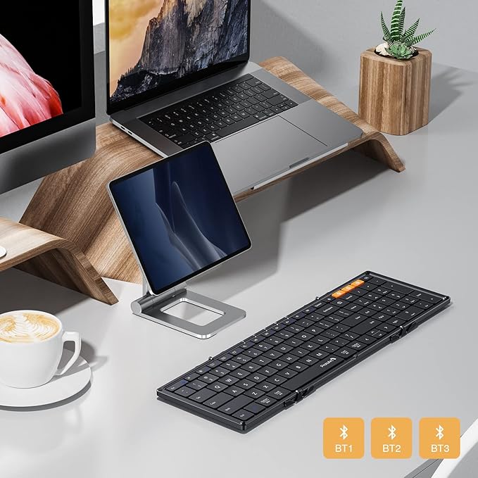 ProtoArc Foldable Bluetooth Keyboard, XK01 Full-Size Portable Wireless Keyboard for Travel, 105 Keys, 0.65" Keycaps, Multi-Device Sync for iPad Tablet Smartphone Laptop PC Windows iOS Android, Black