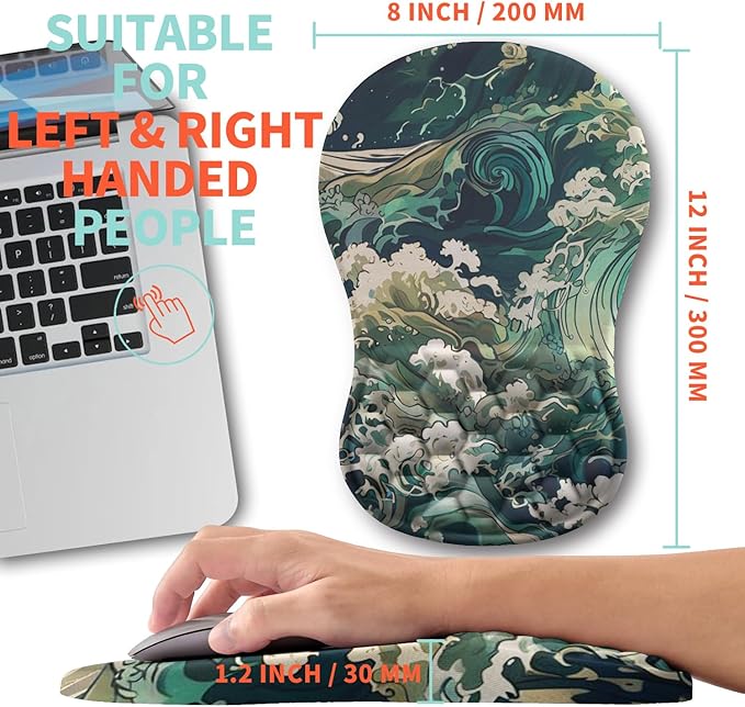 Kuosgm Ergonomic Mouse Pad Wrist Support with Memory Foam Massage Bulge, Carpal Tunnel Pain Relief Mousepad Wrist Rest for Mouse(12x8 inch, Sea Wave)