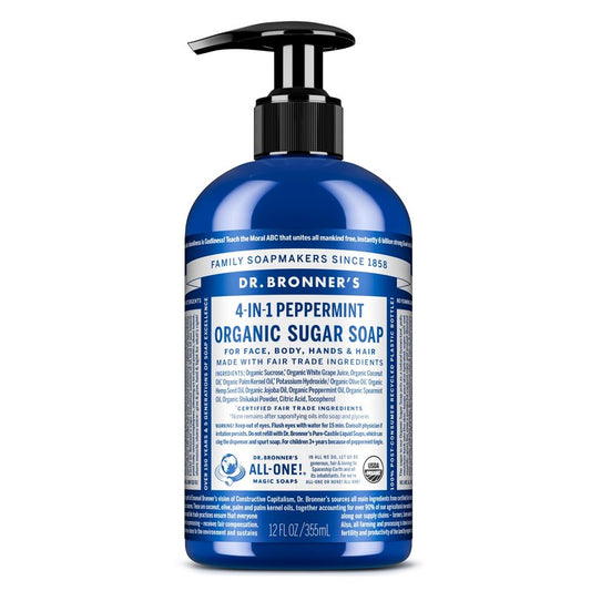 Dr. Bronner's - Organic Sugar Soap (Peppermint, 12 oz) - Made with Organic Oils, Sugar & Shikakai Powder, 4-in-1 Uses: Hands, Body, Face & Hair, Cleanses, Moisturizes & Nourishes, Vegan, Non-GMO