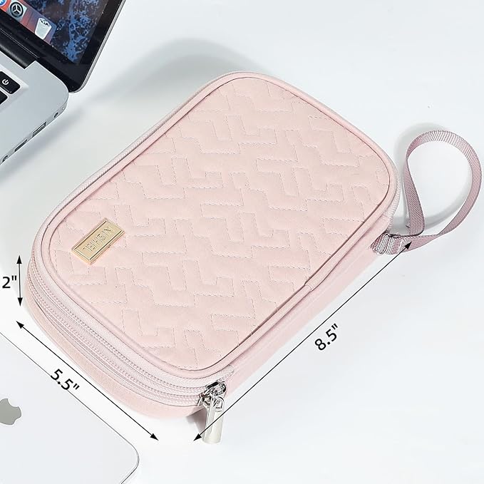 NISHEL Travel Cord Organizer Case, Double Layers Tech Electronic Bag, Essentials for Charger, Cable, Phone, Flash drive, Medium, Pink