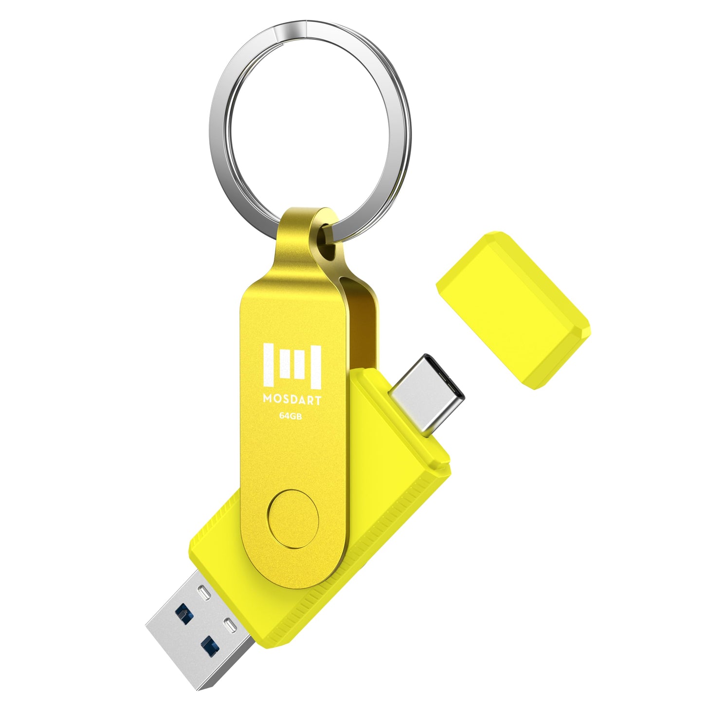 MOSDART 64GB USB C 3.2 Fast Speed C and A Dual Flash Drive, exFAT Memory Stick with Keychain and LED Indicator, for iPhone 15,16, 17, Android Phone, iPad, MacBook, and Other Laptops,Yellow