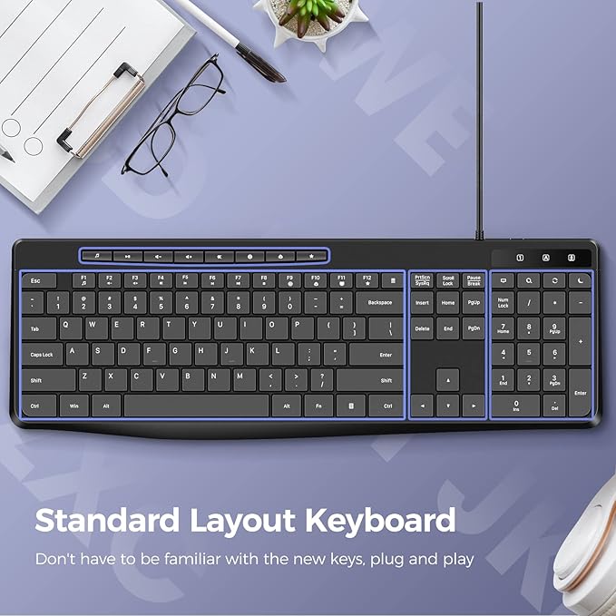 Virfour Wired Keyboard,Quiet Keyboard, Multimedia USB Computer Keyboard, Silent Keyboardwith Low Profile Chiclet Keys,Large Number Pad,Spill-Resistant,Anti-Wear Letters,Full Size for Laptop,Desktop