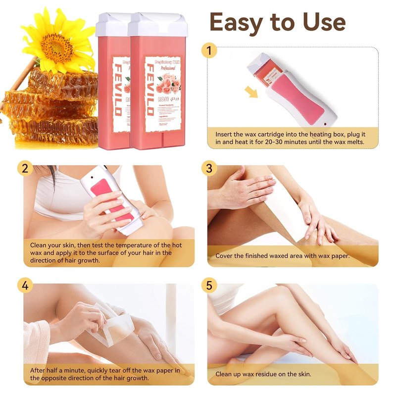 Hair Removal Kit - At-Home Waxing Set for Men & Women | 2 Rose Soft Wax Cartridges & 100 Non-Woven Strips - Pink