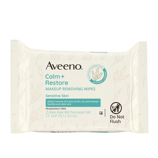 Aveeno Calm + Restore Makeup Remover Wipes - Unscented, Fragrance-Free Facial Towelettes with Oat Extract & Feverfew | 25 Ct