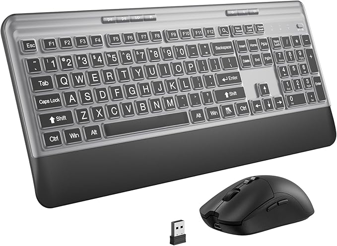 KOPJIPPOM Silent Wireless Keyboard and Mouse Combo - Keyboard with Large Print Cover, 2.4GHz Full-Sized Ergonomic Keyboard with Wrist Rest and Mouse for Laptop, PC, Notebook, Desktop