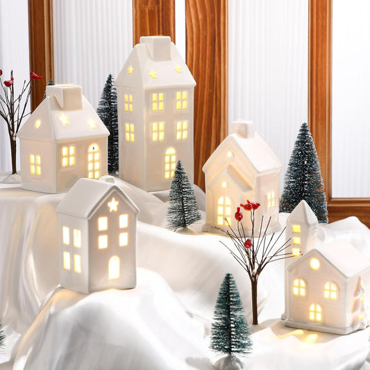 WinnerWhy 24-Piece LED Lighted Christmas Village Set - Mini Ceramic Houses & Streetlights for Festive Decor