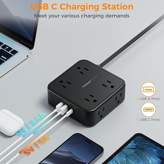 TESSAN Surge Protector Power Strip, 10 Ft Flat Plug Extension Cord with 3 USB (1 USB C) 8 Outlets, 1250W, 900J Protection, 3 Sided Outlet Extender with Power Switch for Office, Dorm Room, Black