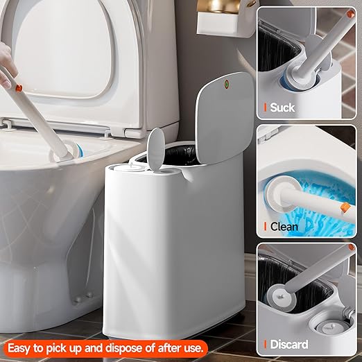 White Plastic Mini Trash Can, Toilet Cleaner Stick, Toilet Brush Holder, 36 Refills and 5 Rolls of Trash Bags, 2-Gallon Trash Can with Pop-Out Lid, Suitable for Bathrooms and Small Toilets.