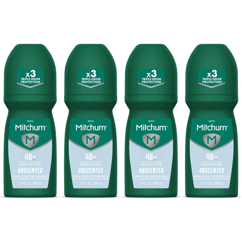 Mitchum Invisible Anti-Perspirant & Deodorant Roll-On, Unscented 3.4 oz (Pack of 4)